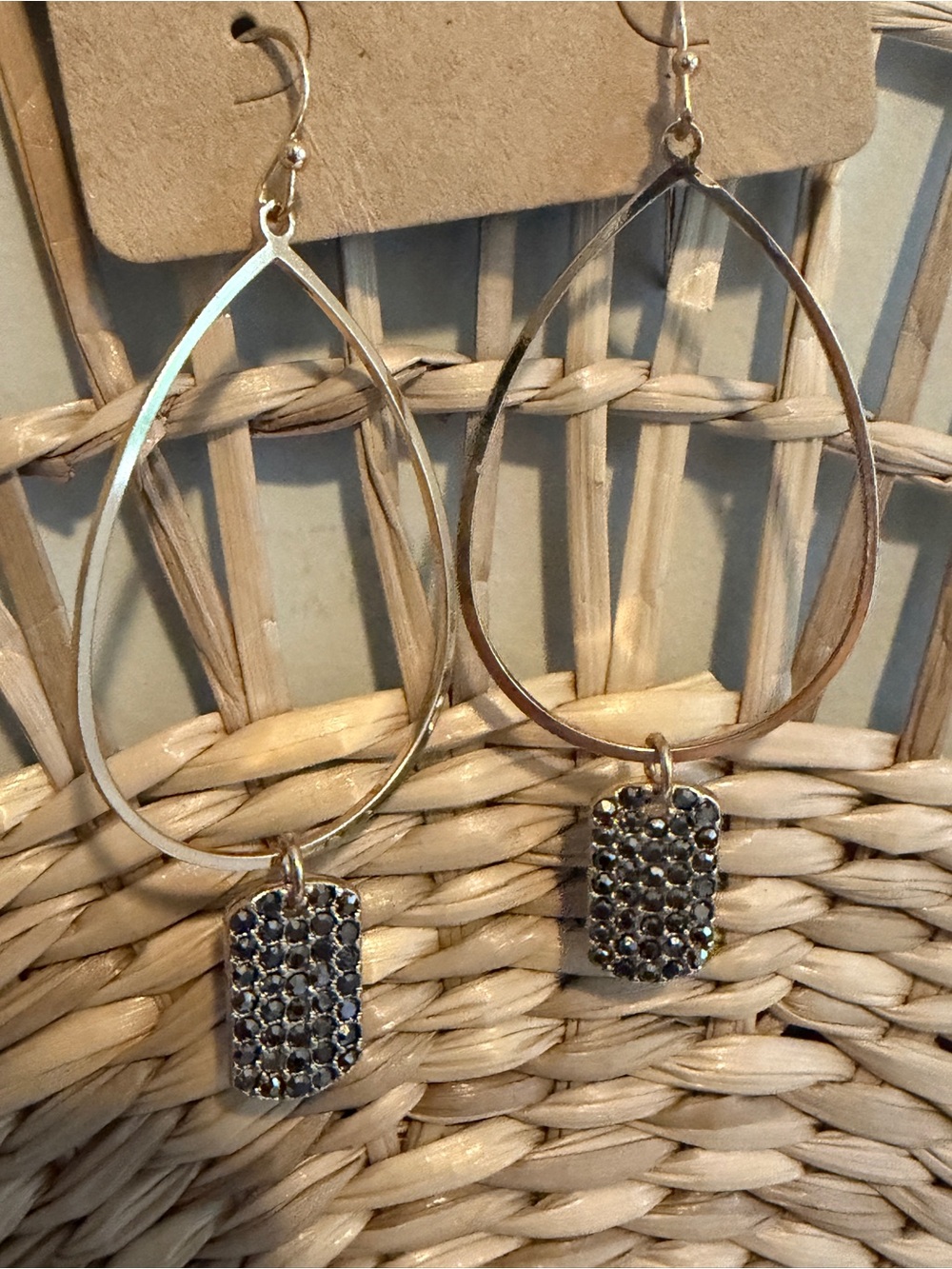 Gold Tone Teardrop Dangle Earrings with Pave Crystal